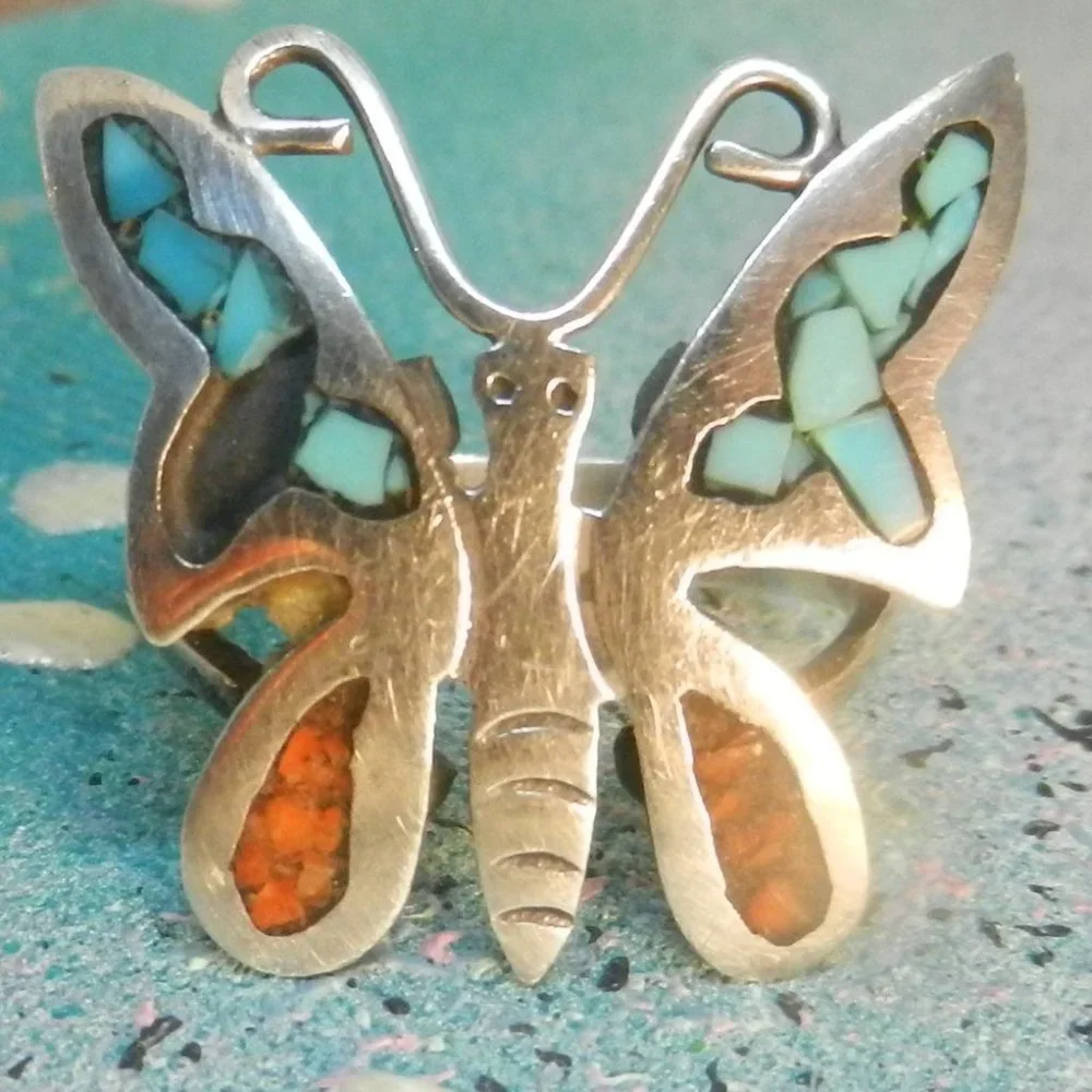 VTG Sterling silver butterfly ring Navajo artisan turquoise garnet nature sz 11